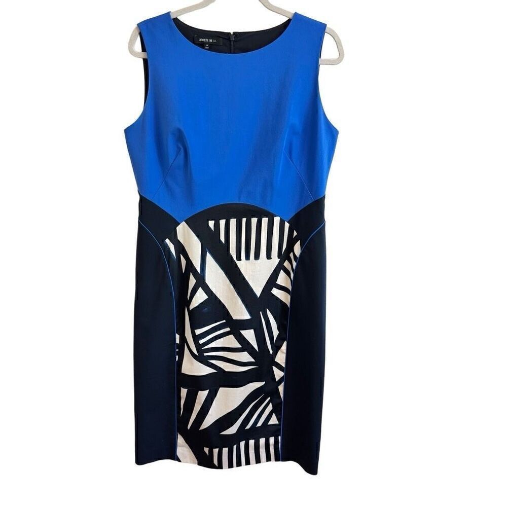 Lafayette 148 Sleeveless Sheath Dress Black Blue White Abstract Print Size 10
